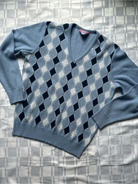 Slazenger Vintage Light Blue Argyle V-Neck Knit Sweater